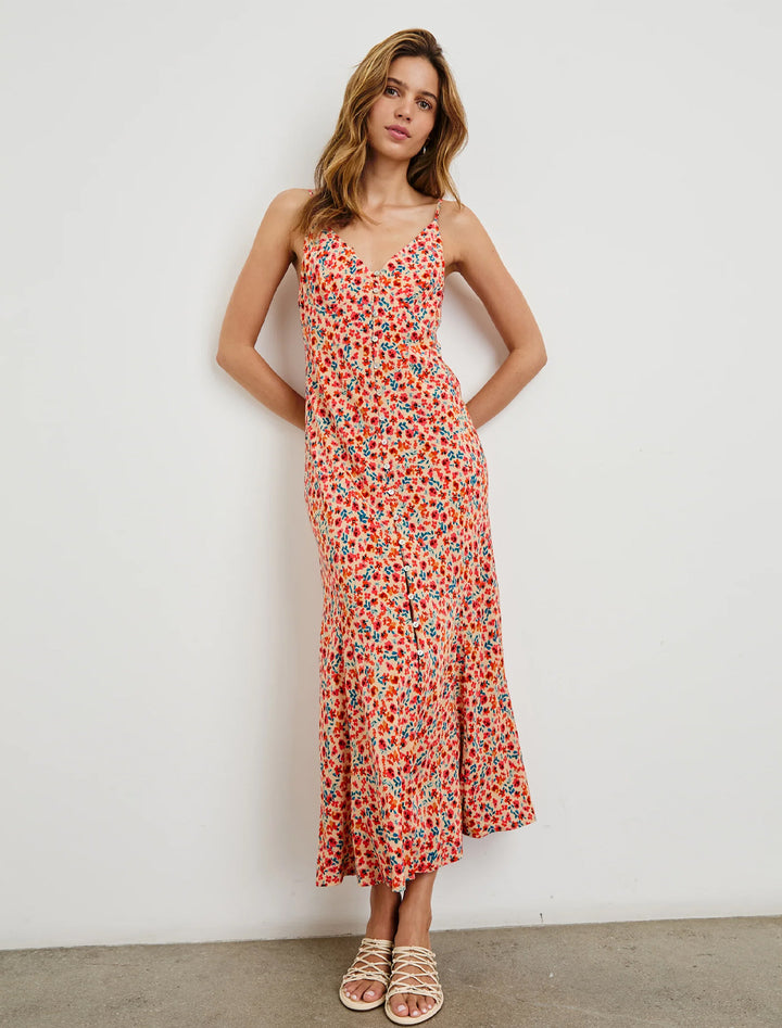 model wearing florian dress in red posy