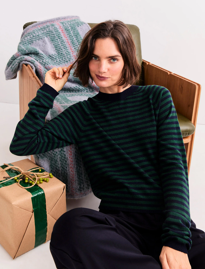 the sydney cashmere sweater in navy and green stripe