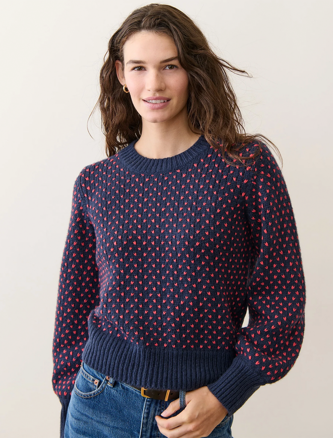alma crewneck sweater in navy and red