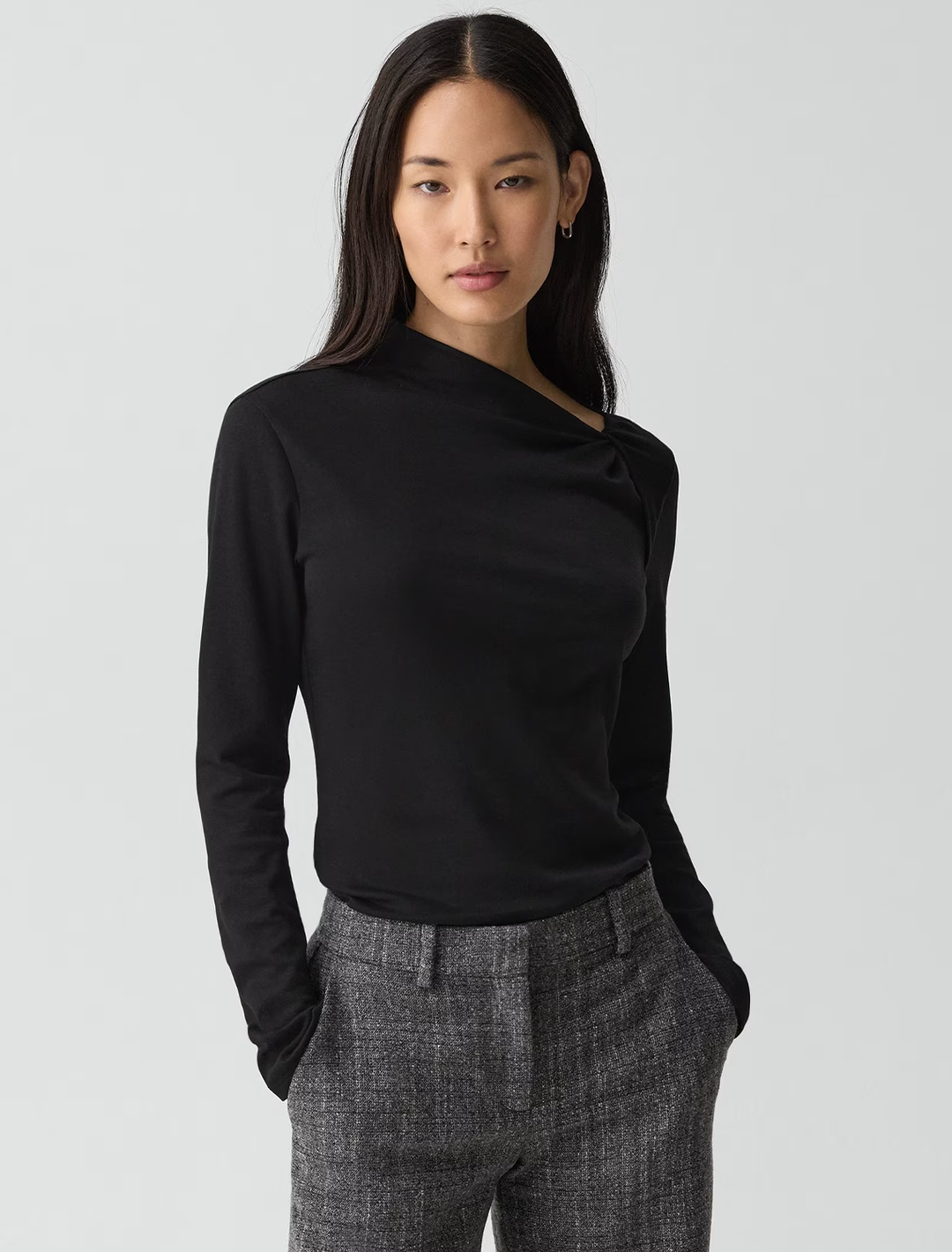 slash neck twist knit top in black