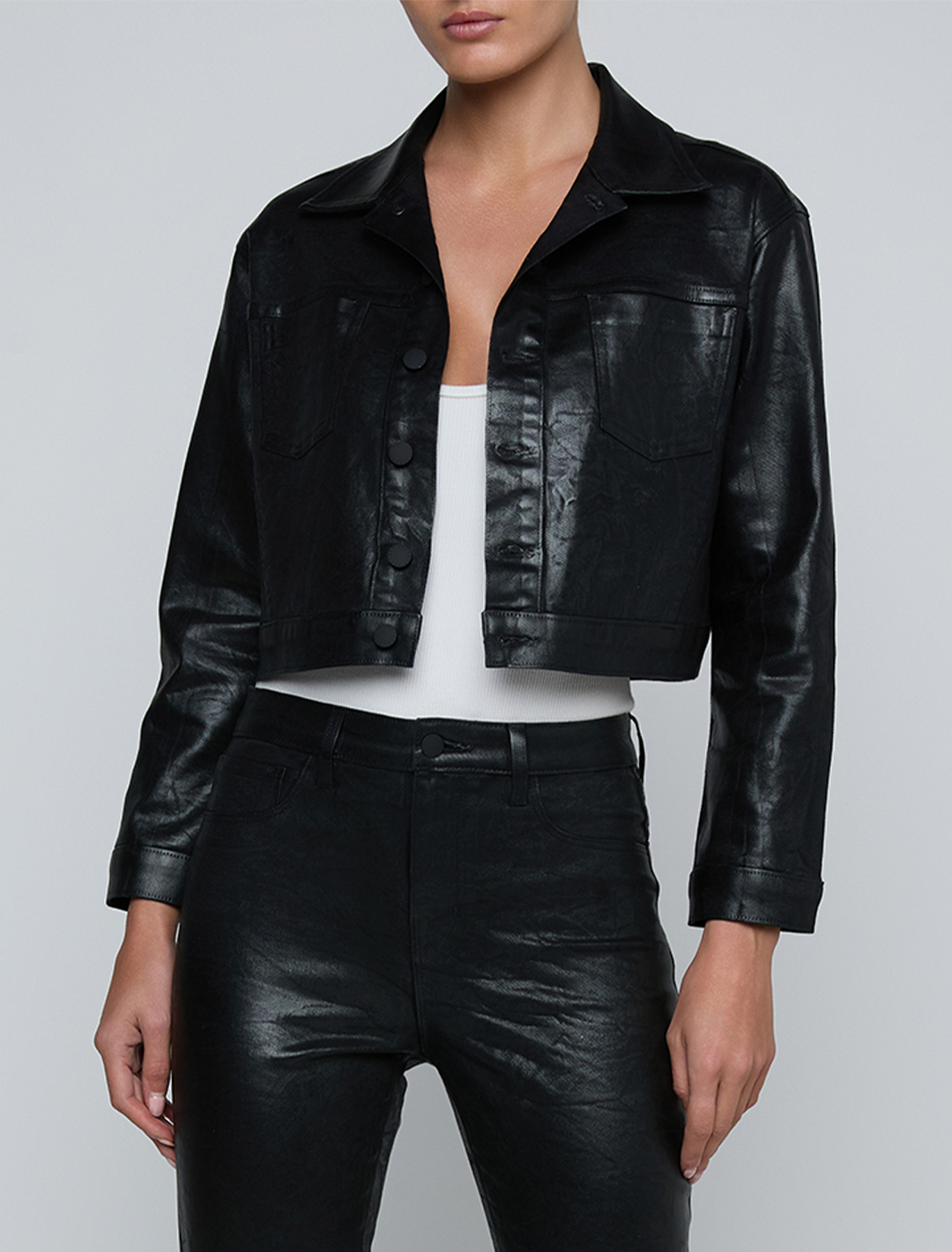 alma crop jacket in black crackle