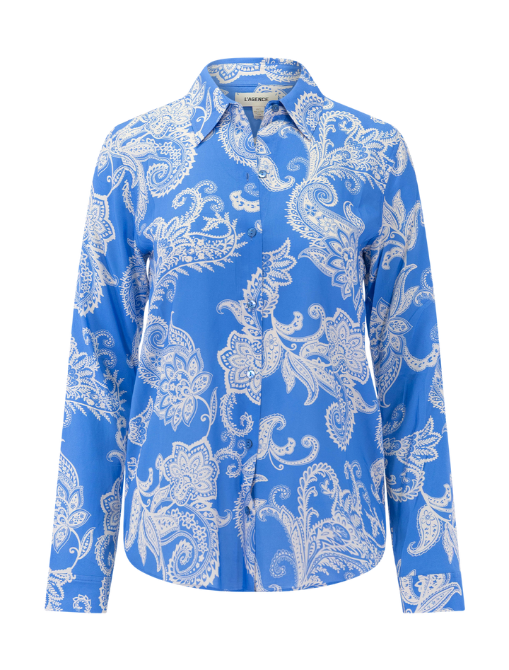 holly in regatta blue and ivory paisley