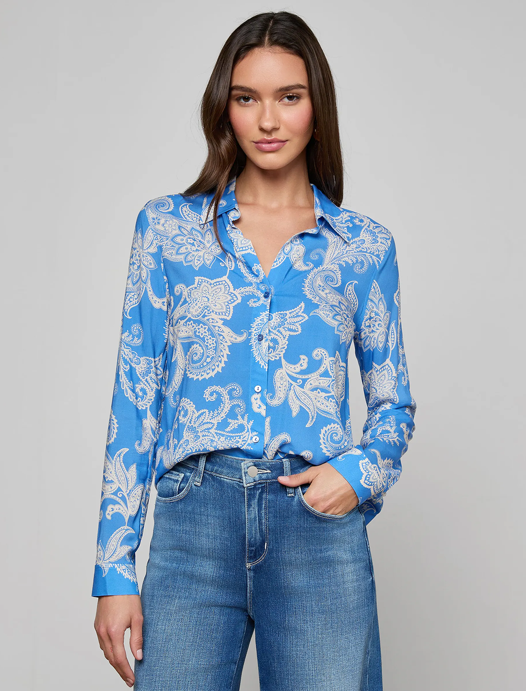 holly in regatta blue and ivory paisley