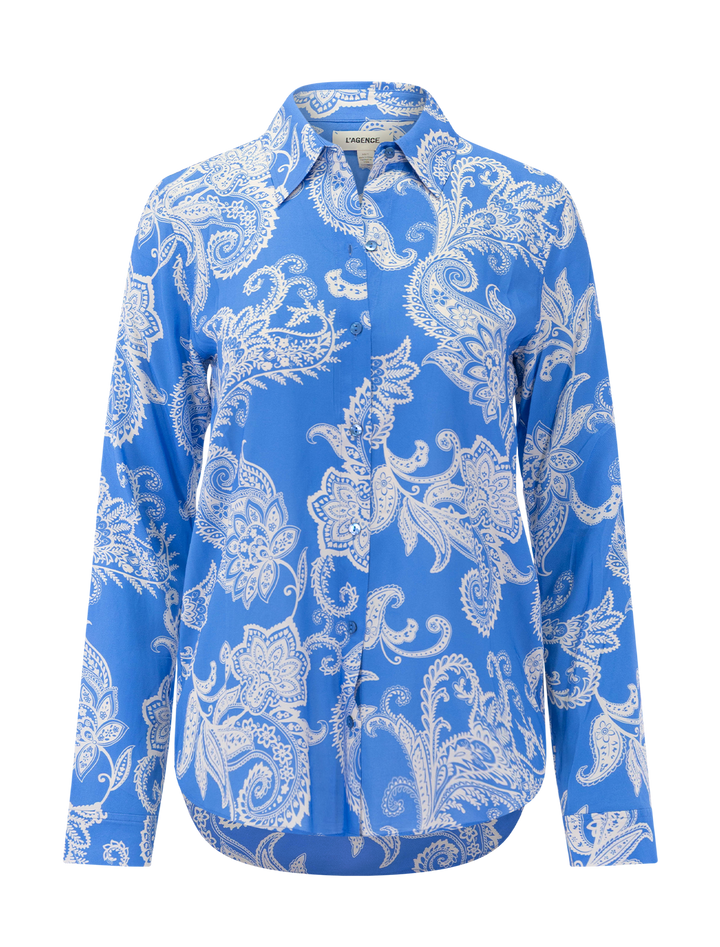 holly in regatta blue and ivory paisley