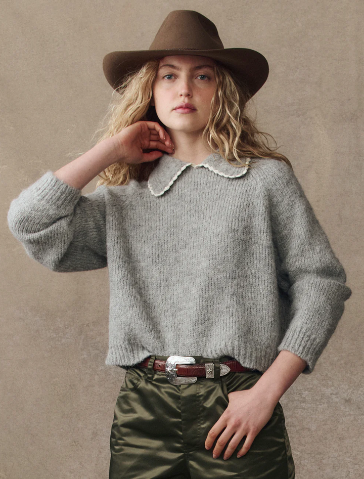 the crochet collar pullover in heather grey