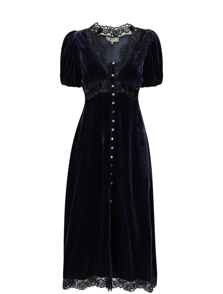 clarice velvet puff sleeve midi dress in navy