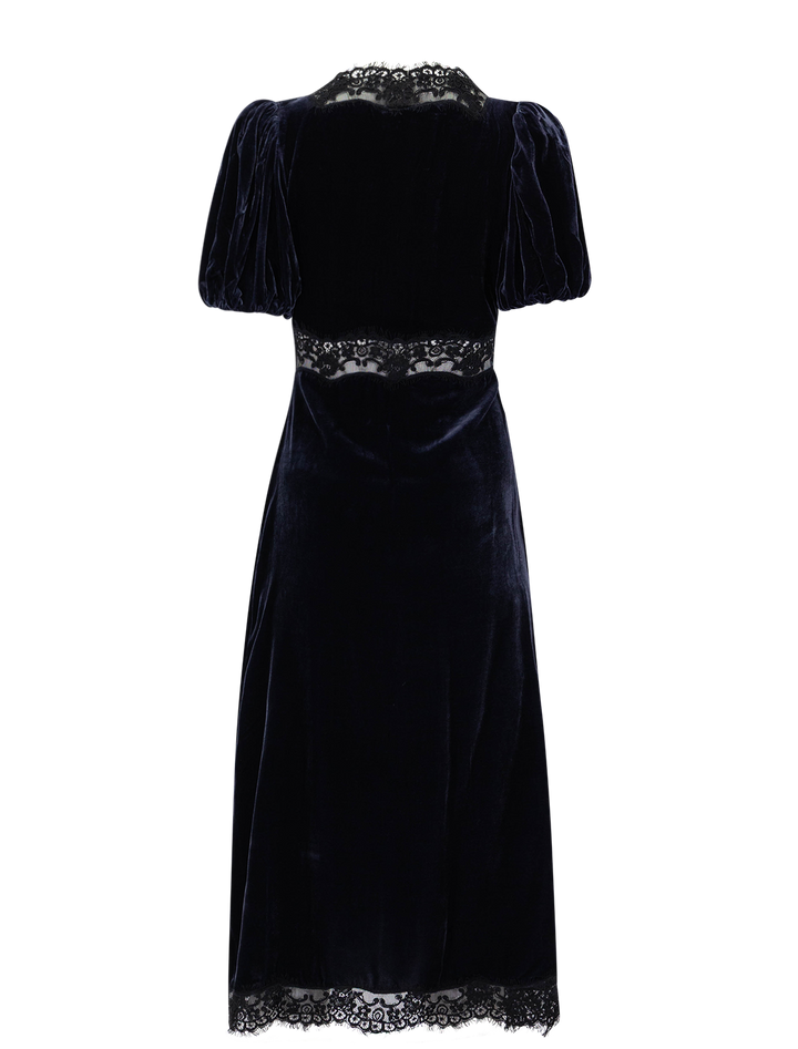 clarice velvet puff sleeve midi dress in navy