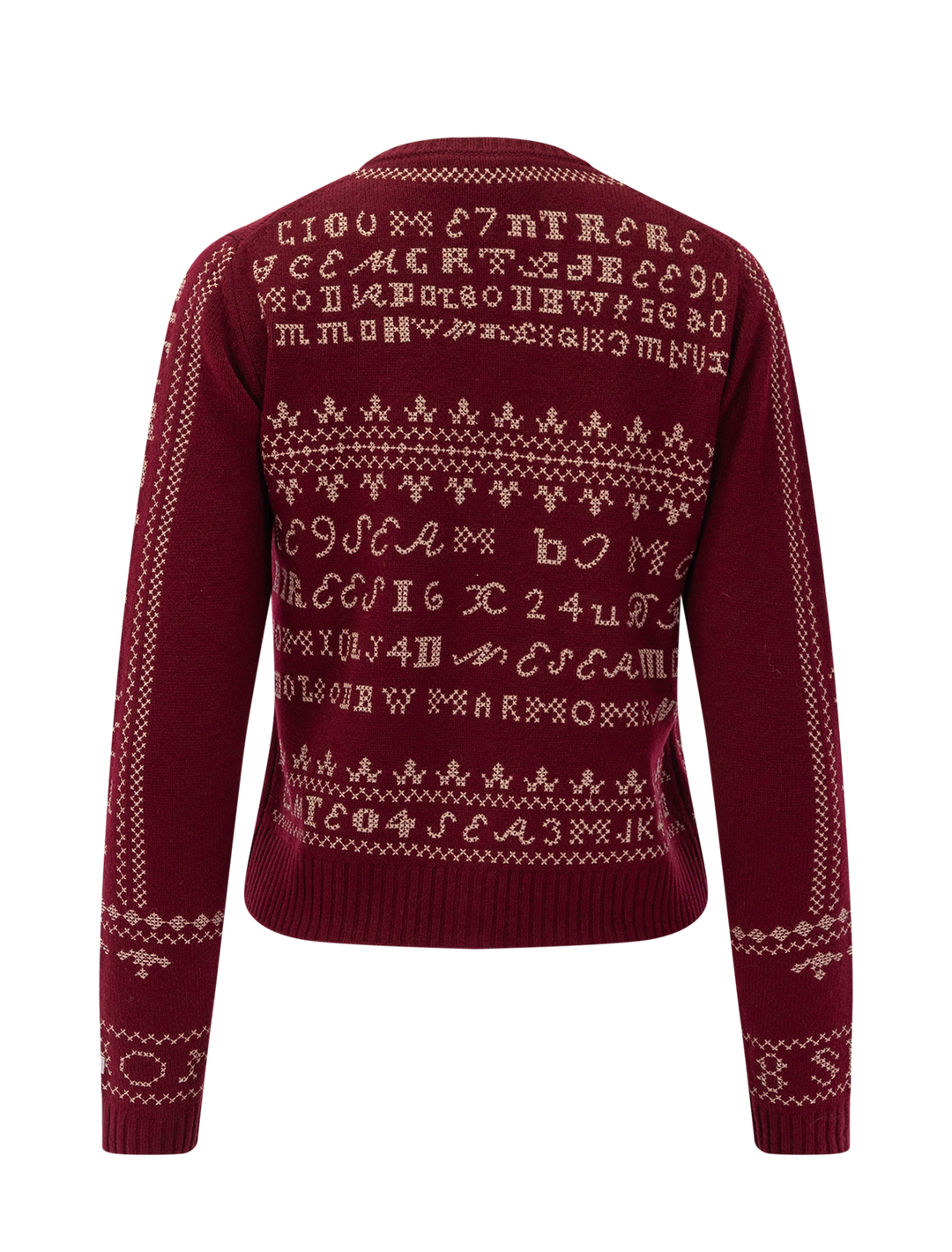 back view of kit embroidery cardigan in burgundy