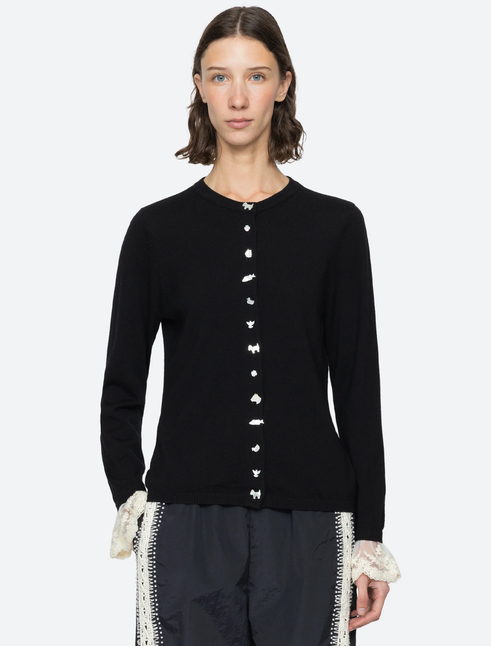 model wearing diane knit cardigan in black