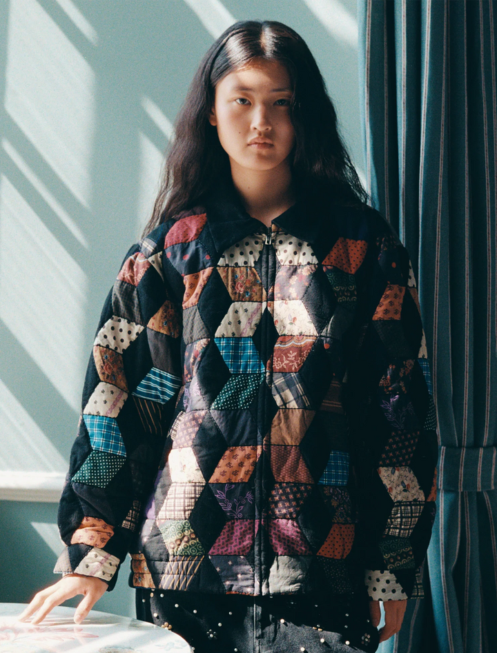 model wearing cressida quilt bomber jacket