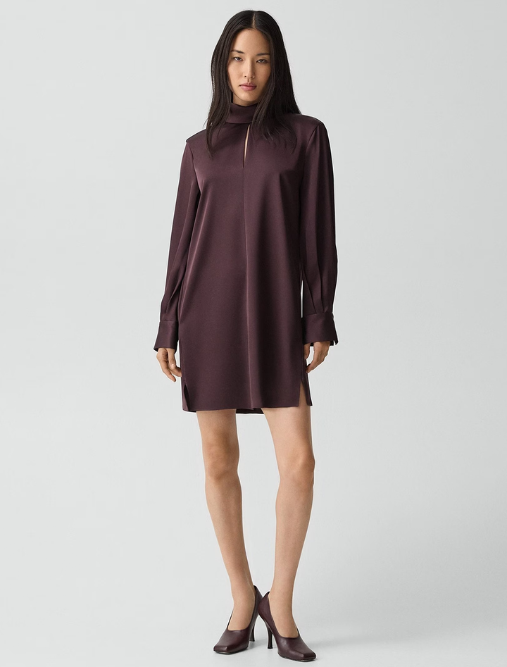 long sleeve blouson dress in deep plum