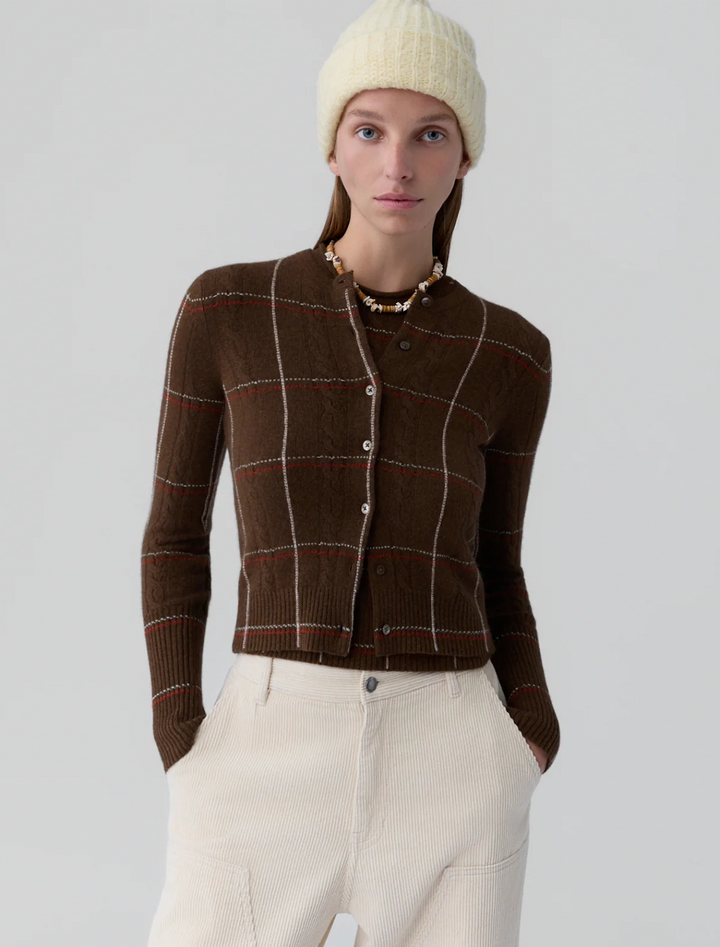 jane check cardigan in chestnut