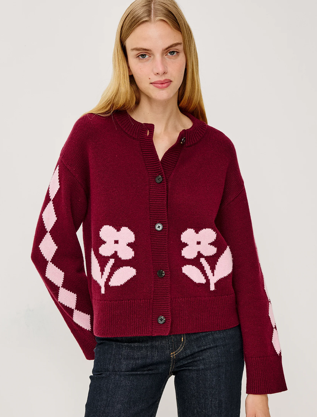 mavie cardigan in garnet daisy
