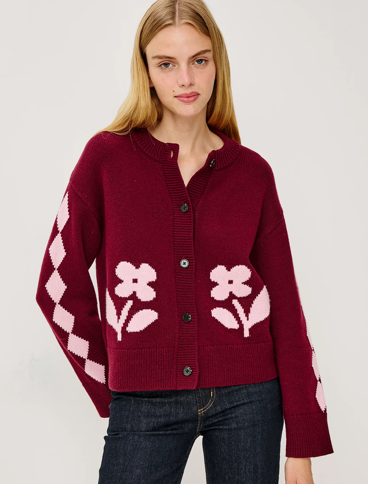 mavie cardigan in garnet daisy