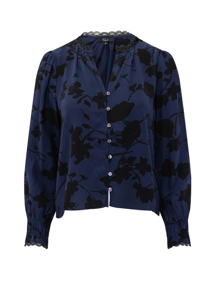magda top in navy roses print