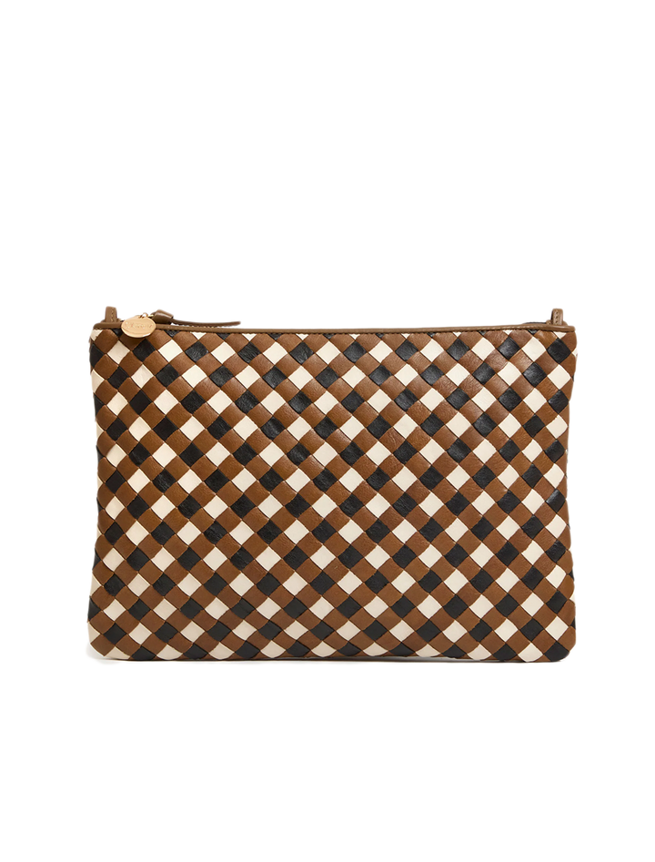 flat clutch with tabs in oat diagonal woven leather