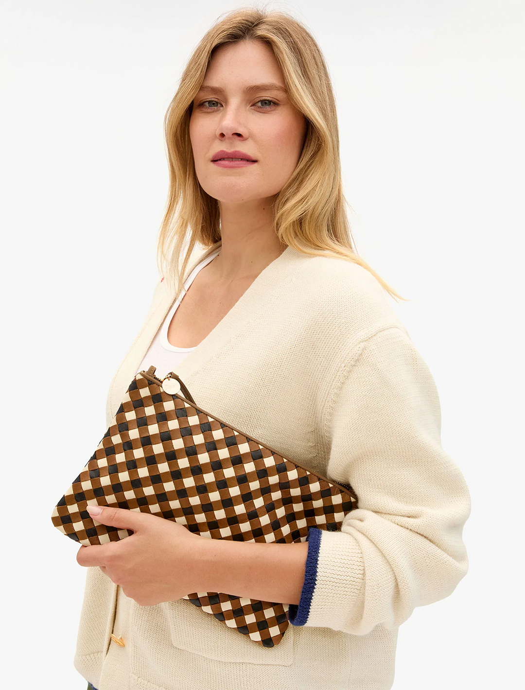 flat clutch with tabs in oat diagonal woven leather