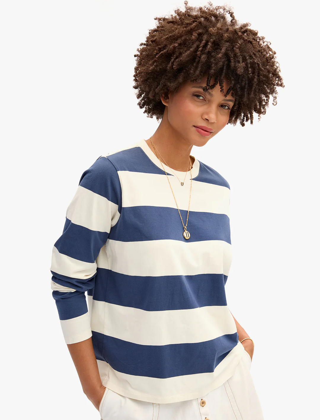 long sleeve cream and navy rugby tee