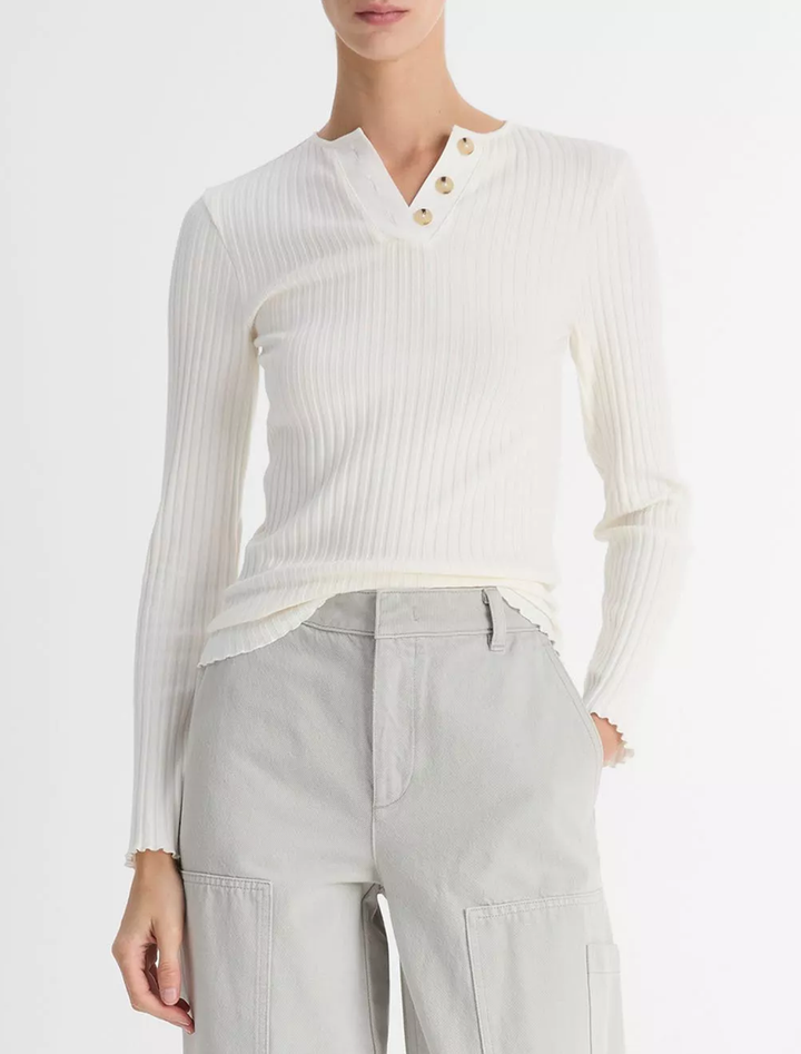long sleeve rib henley in off white