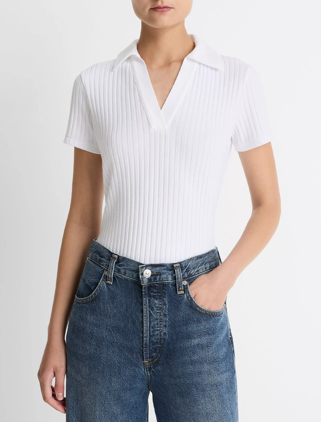 rib short sleeve polo in white