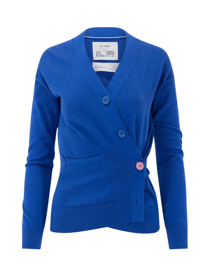 the wrap cardigan in primary blue cotton