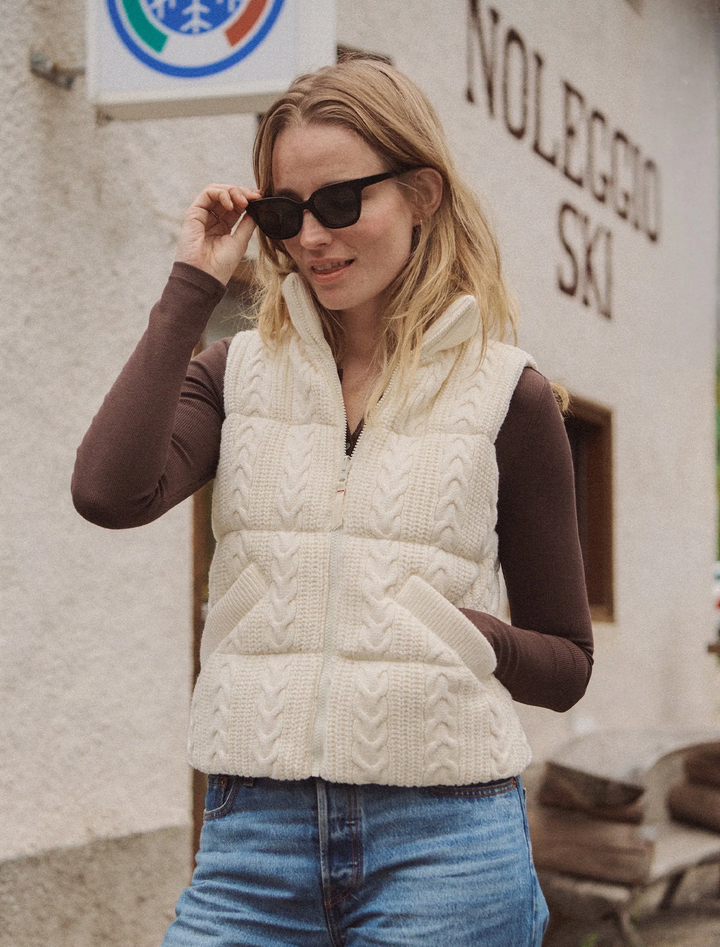 alba cable knit puffer vest in antique white