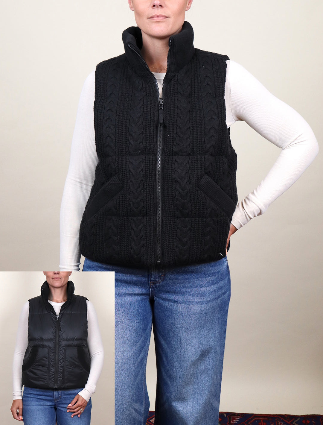 alba cable knit puffer vest in black