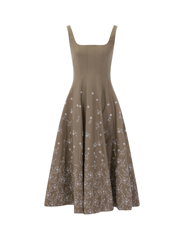 wells dress in taupe floral embroidery