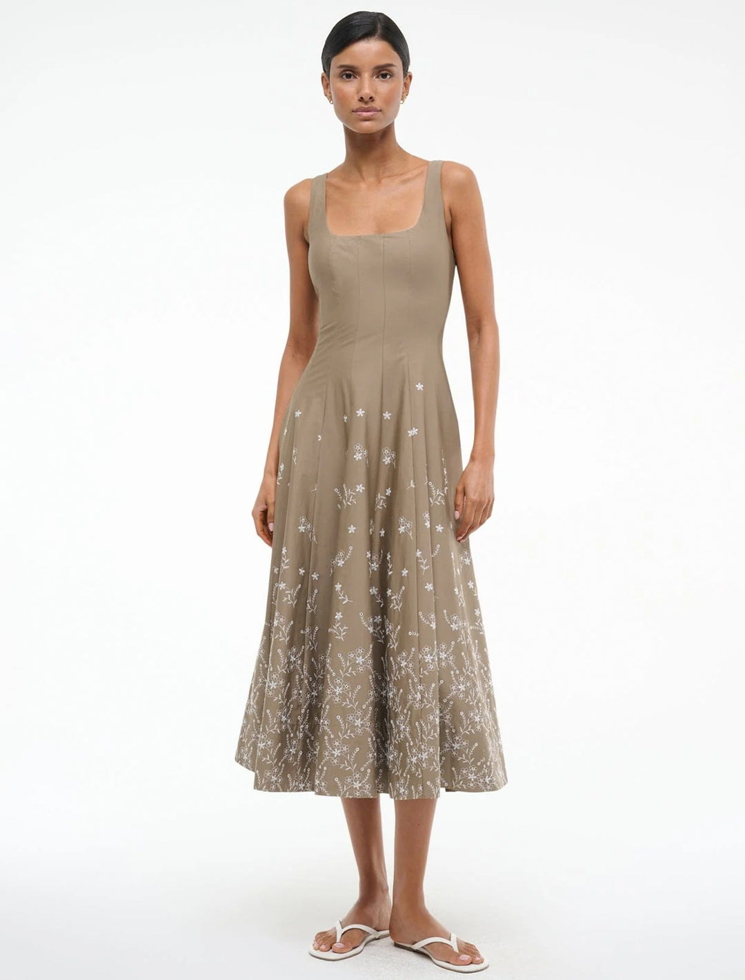 wells dress in taupe floral embroidery