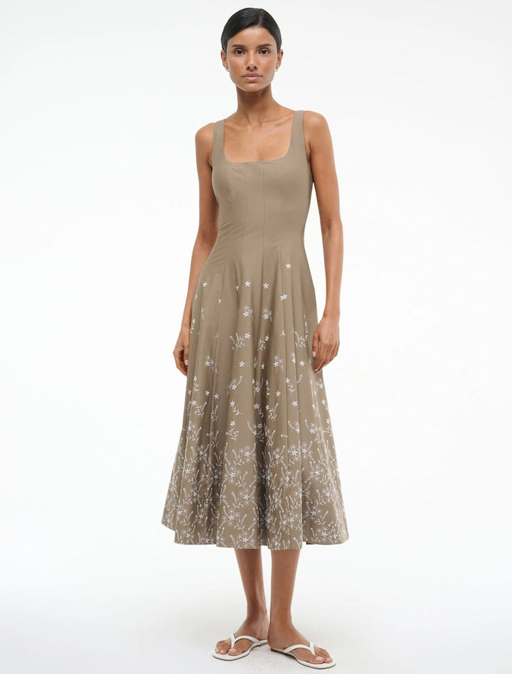 wells dress in taupe floral embroidery