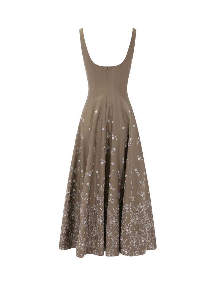 wells dress in taupe floral embroidery