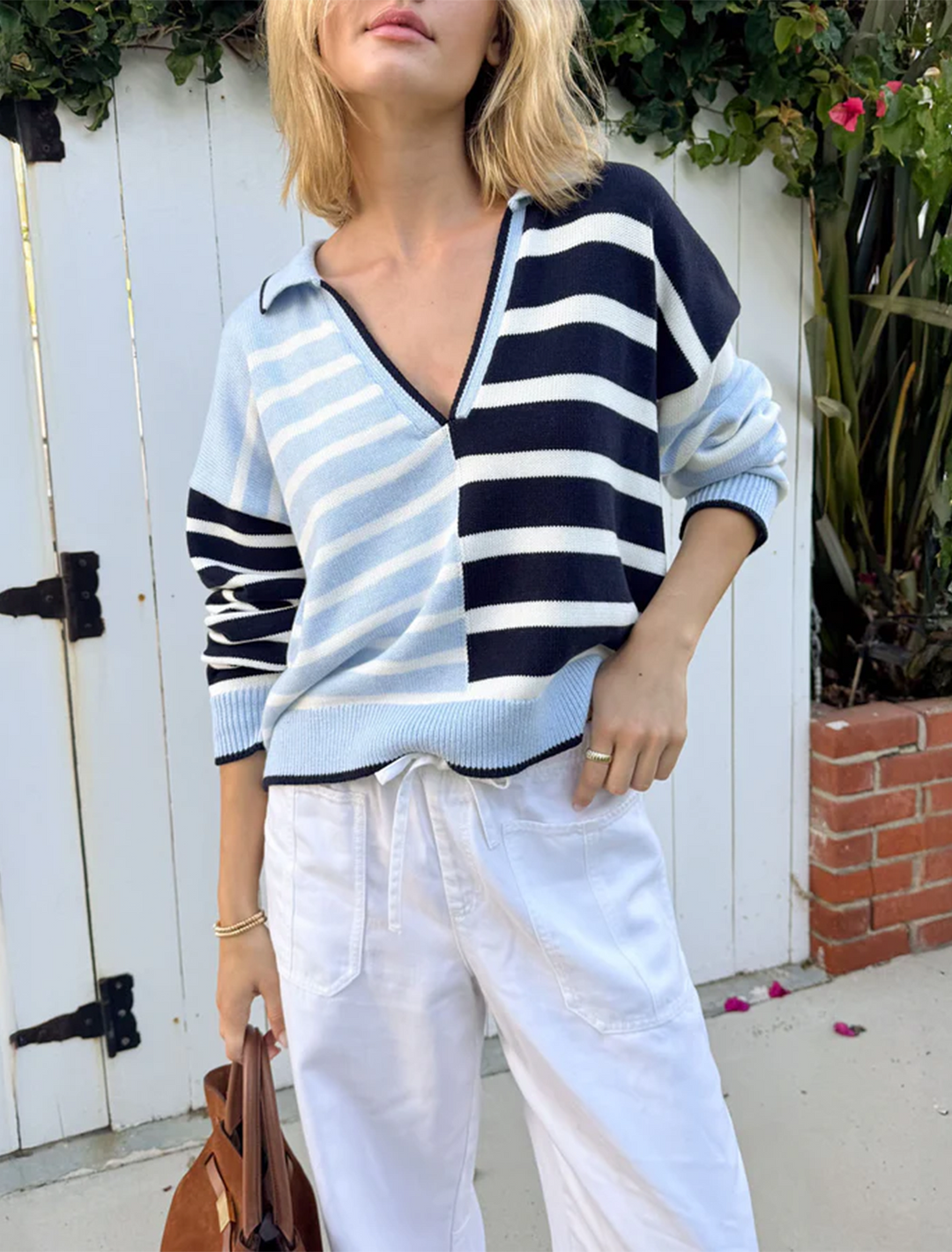 arden stripe polo sweater in navy and sea breeze stripe