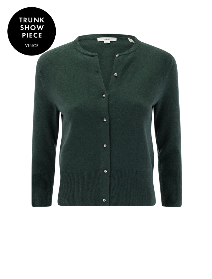 metal button cardigan in forest