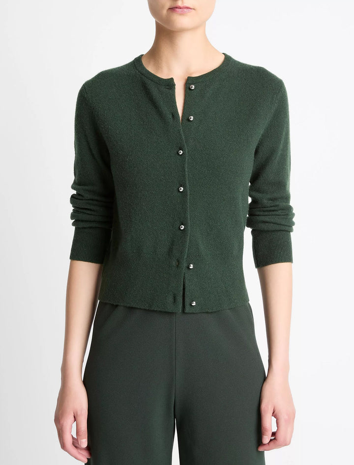 metal button cardigan in forest