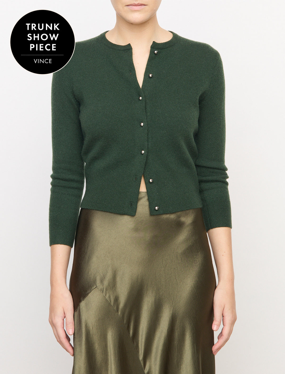 metal button cardigan in forest