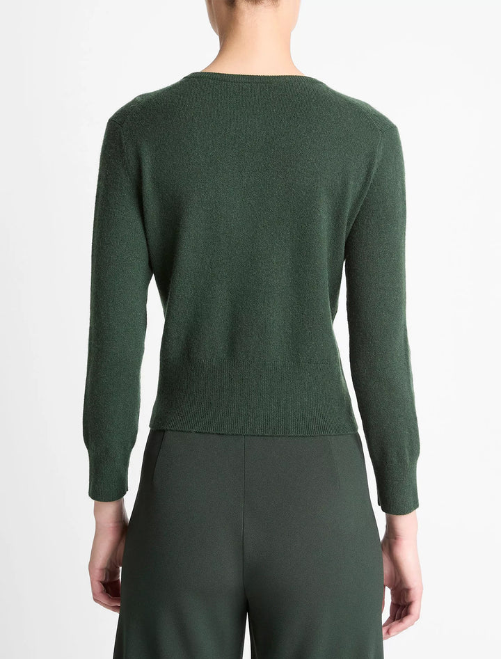 metal button cardigan in forest