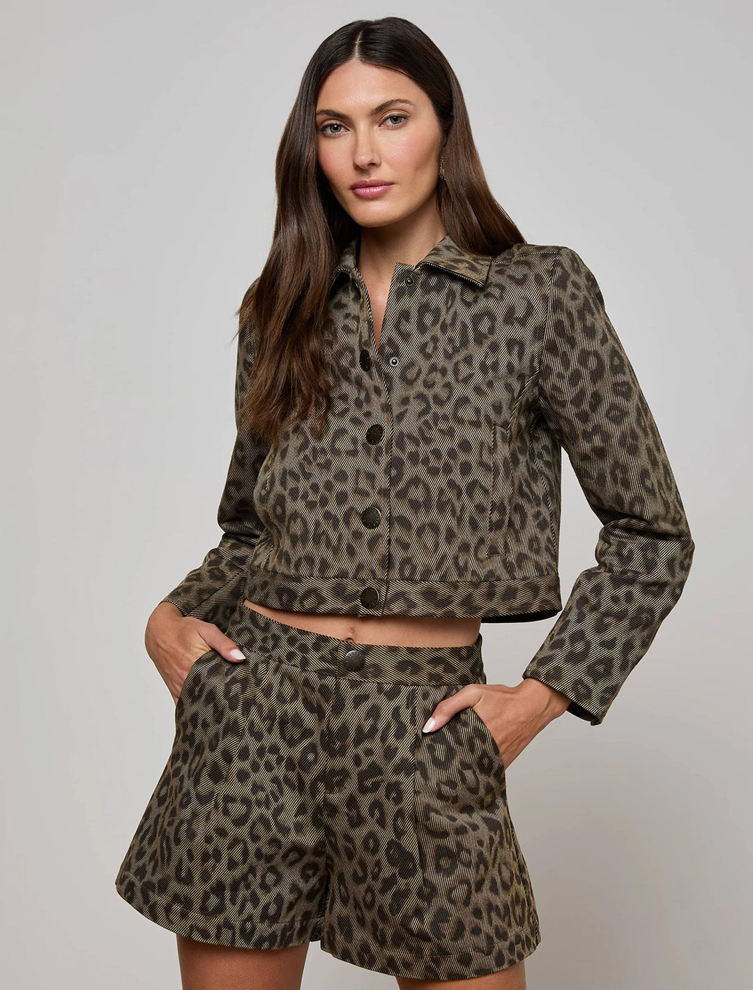 marla crop jacket in tan leopard