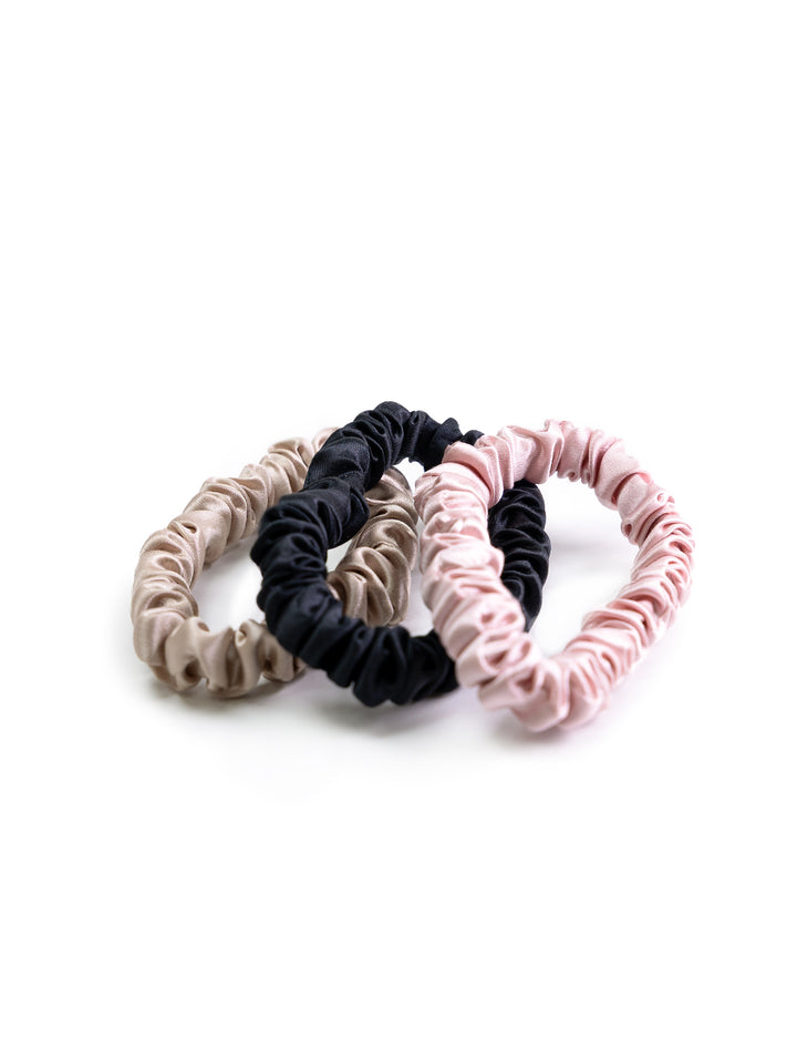 silky scrunchie three pack in black, pink, champagne