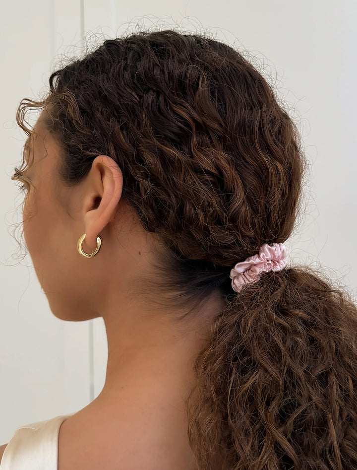 silky scrunchie three pack in black, pink, champagne