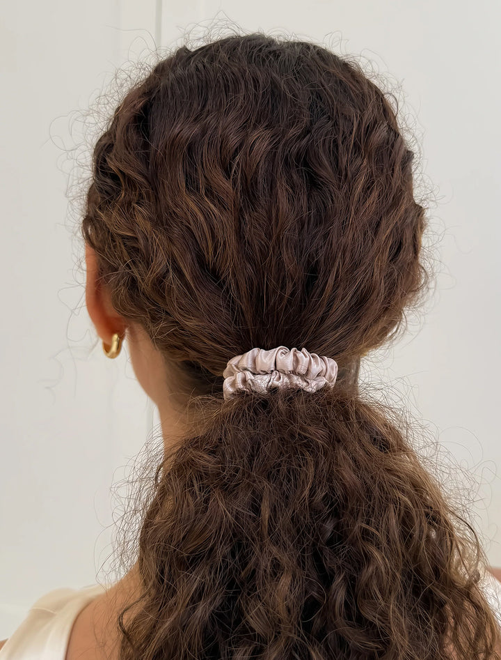 silky scrunchie three pack in black, pink, champagne