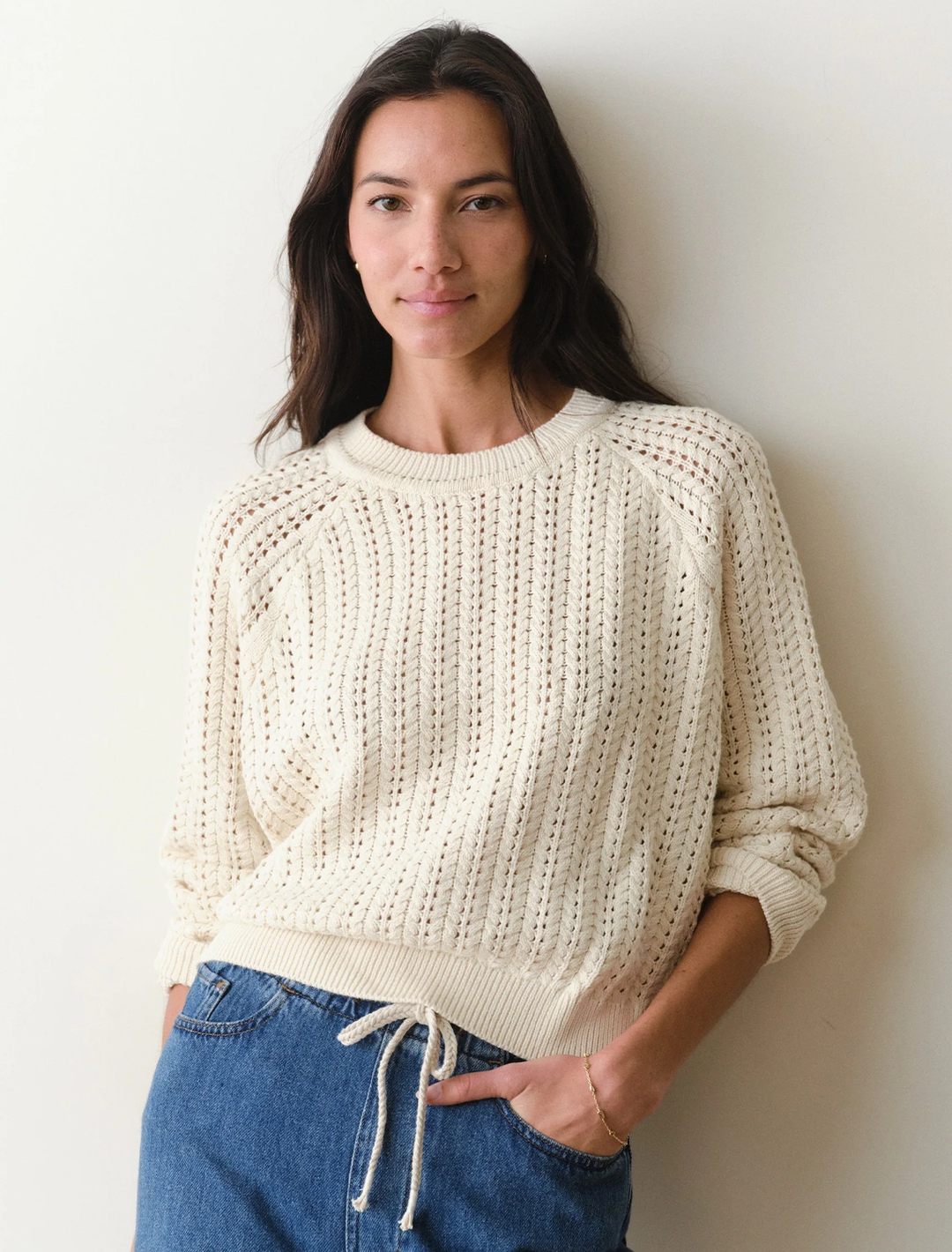 textured stitch crewneck sweater in cream