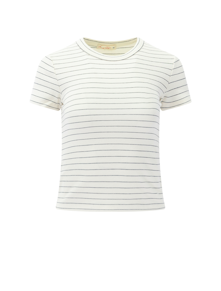 sun in lexi crew tee in black and white micro stripe