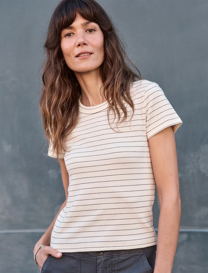 sun in lexi crew tee in black and white micro stripe