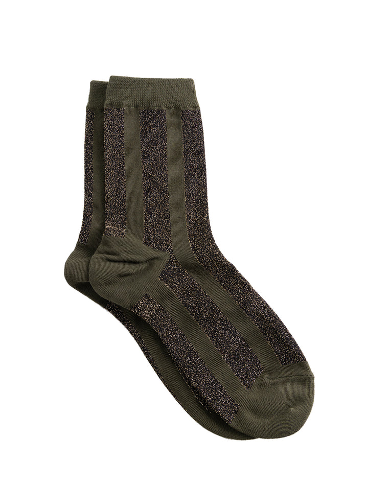 vertical striped sparkle socks in olive and green