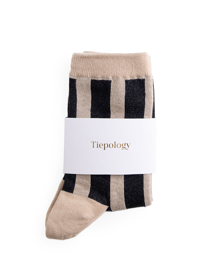 vertical striped sparkle socks in taupe and black