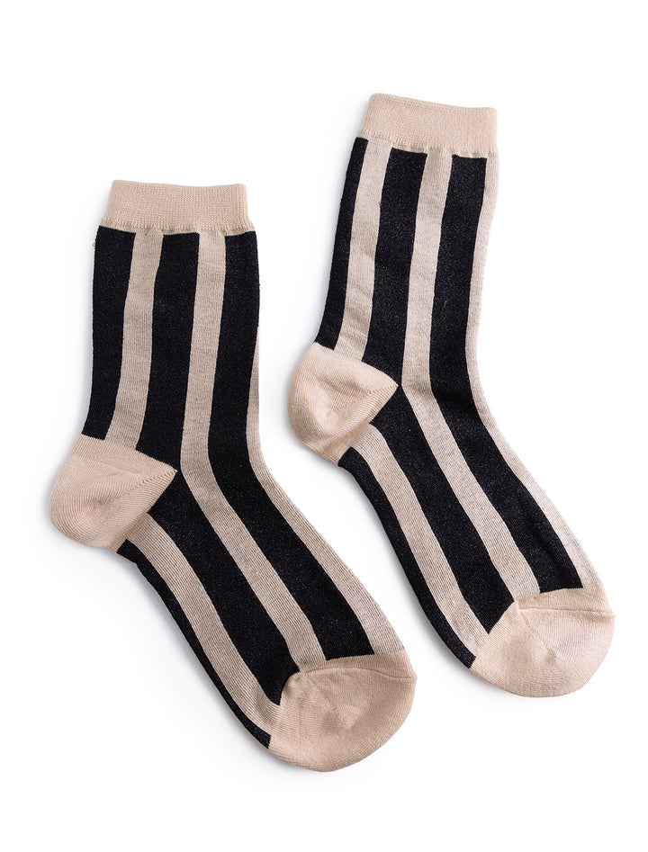 vertical striped sparkle socks in taupe and black