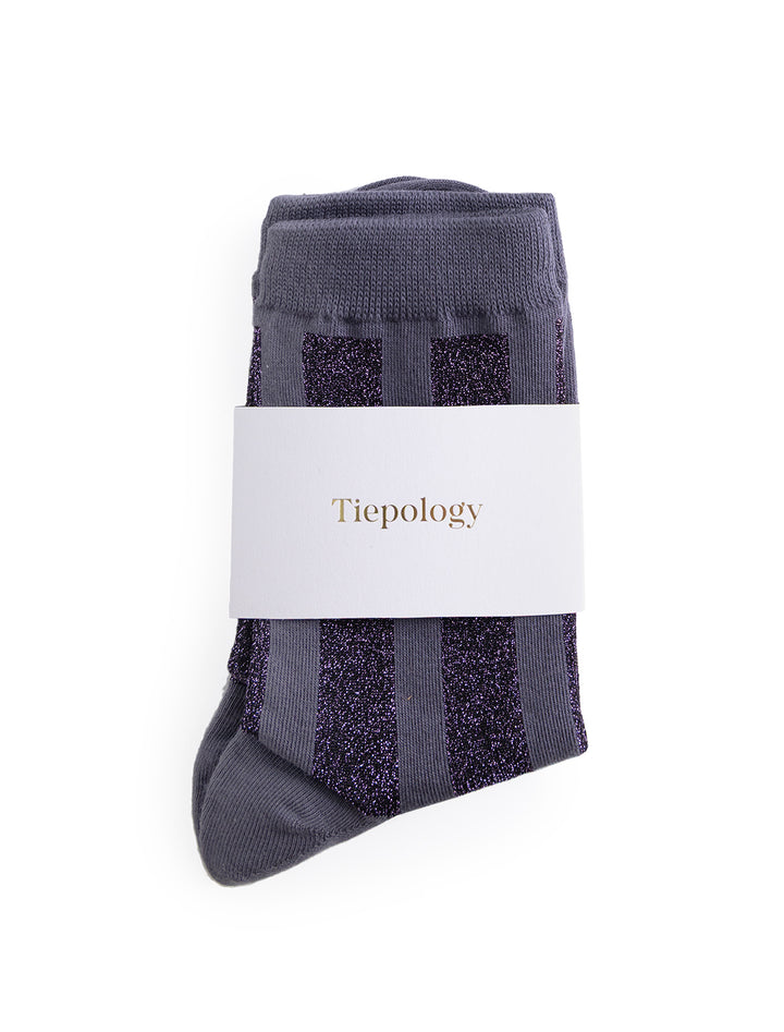 vertical striped sparkle socks in grey and purple