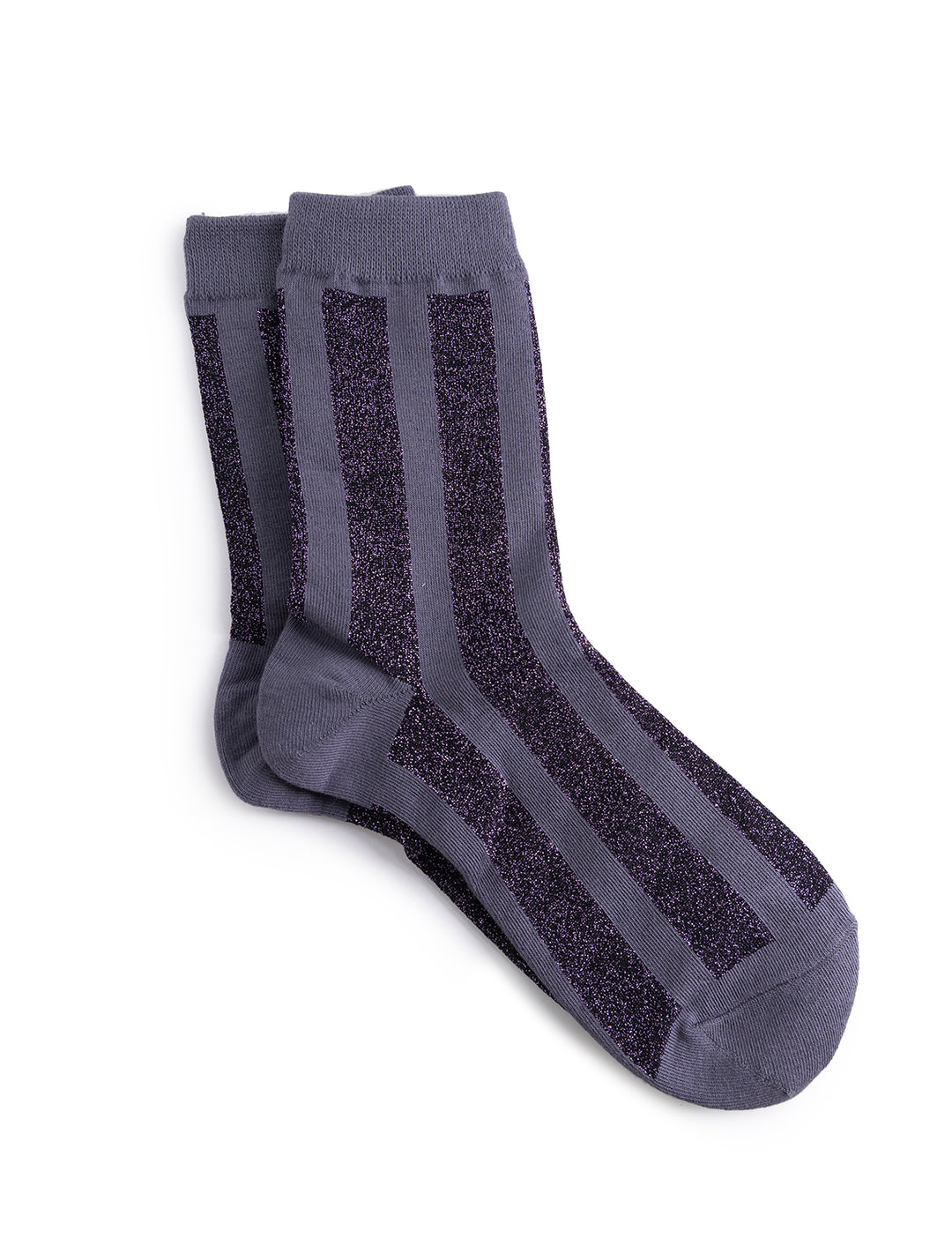vertical striped sparkle socks in grey and purple