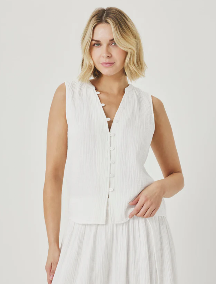 ava gauze button tank in white