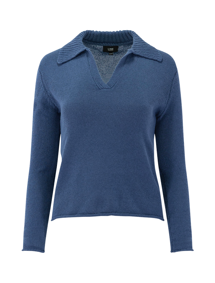 Front view of Line's Pepper Henley Pullover in Blue Lagoon.
